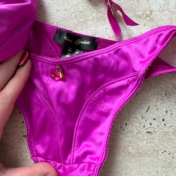Honey Birdette Indya 3pc Set XS Bralette Garter & Thong Magenta Satin Lingerie - Picture 6 of 15